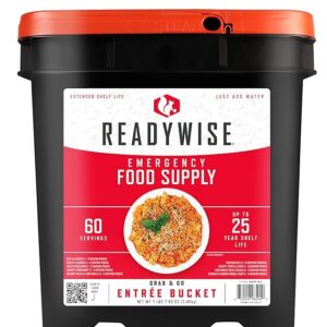 READYWISE - EntrÃ©e Grab & Go Bucket, 60 Servings, Emergency, MRE Supply, Premade, Freeze Dried Survival Food for Hiking, Adventure & Camping Essentials, Individually Packaged, 25 Year Shelf Life
