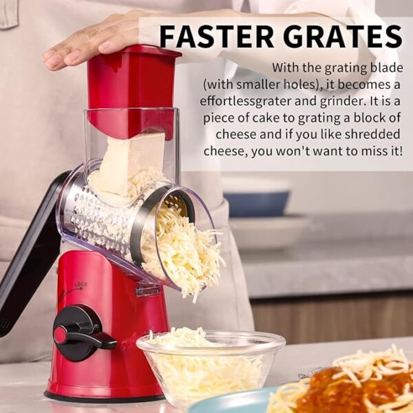 Rotary Cheese Grater, 3 in 1 Cheese Shredder Grater Rotary with Handle, Vegetable Mandoline Slicer Shredder for Vegetable, Cheese, Nut - Image 4