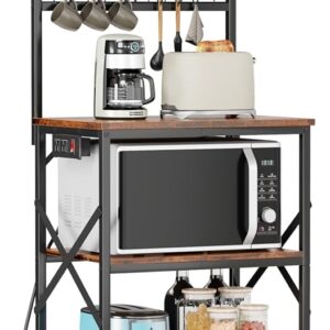 Furologee Kitchen Bakers Rack with Power Outlet, Microwave Oven Stand with Storage 4 Tiers, Coffee Bar Table with 6 S Hooks, Kitchen Storage Shelf Rack for Spices, Pots, Rustic Brown