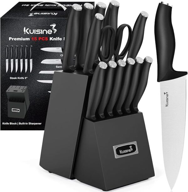 Kuisine Kitchen Chef Knife Block Set,High Carbon Stainless Steel Sharp Knife Set with Built-in Sharpener,Elegant Gift(Black,15pcs) - Image 2