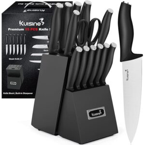Kuisine Kitchen Chef Knife Block Set,High Carbon Stainless Steel Sharp Knife Set with Built-in Sharpener,Elegant Gift(Black,15pcs)