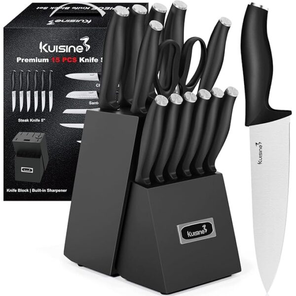 Kuisine Kitchen Chef Knife Block Set,High Carbon Stainless Steel Sharp Knife Set with Built-in Sharpener,Elegant Gift(Black,15pcs)