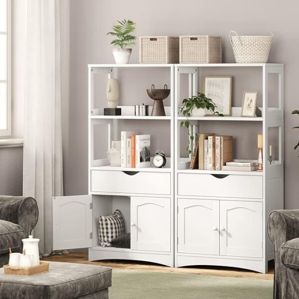 Sideboard Storage Cabinet with 2 Open Shelves, 1 Drawer and 1 Cupboard Kitchen Pantry Storage Cabinet with Microwave Space Freestanding Floor Bathroom Cabinet, Bookshelf,Display Unit for Home, White - Image 4