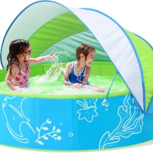 Foldable Kiddie Pool with Canopy: 47in Baby Pool and Beach Tent for Toddlers Infants 6-12 Months and Kids 2-4 Years Old - Portable Water Play with Shade for Outdoor Backyard Beach (Blue-Green)