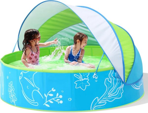 Foldable Kiddie Pool with Canopy: 47in Baby Pool and Beach Tent for Toddlers Infants 6-12 Months and Kids 2-4 Years Old - Portable Water Play with Shade for Outdoor Backyard Beach (Blue-Green)