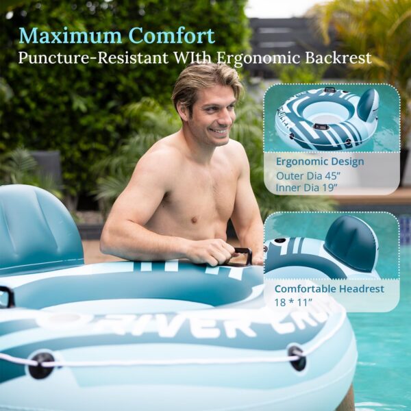 River Tube Floats for Adults Heavy Duty Pool Floats Inflatable Water Tube with Cup Holeder, Drink Cooler and Mesh Bottom Backrest (2 Pack Single/Double) - Image 3