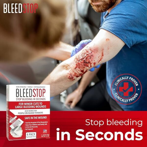 BleedStopâ¢ First Aid Powder for Blood Clotting, Trauma Kit, Blood Thinner Patients, Camping Safety, and Survival Equipment for Moderate to Severe Bleeding Wounds or Nosebleeds - 4 (15g) Pouches - Image 5