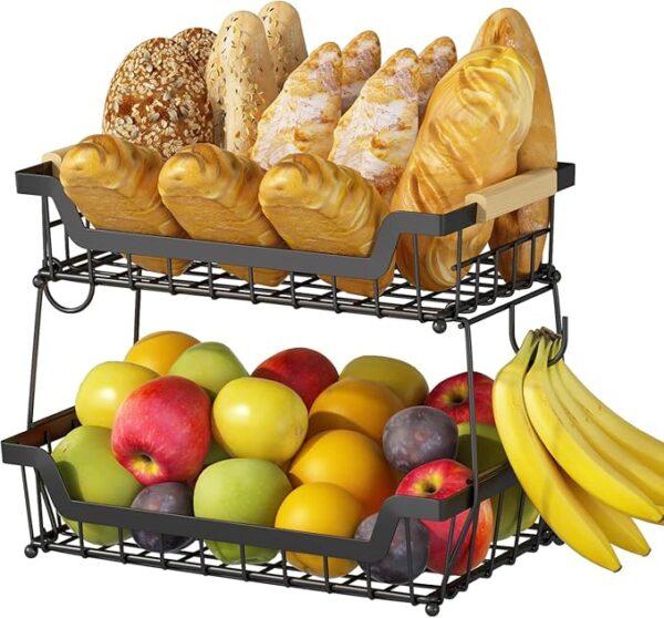 GILLAS 2 Tier Countertop Fruit Basket with 2 Banana Hangers for Kitchen, Detachable Metal Organizer for Bread Vegetable Fruits with Wooden Handle, Large Capacity Rectangular Storage Stand Bowls, Black - Image 3