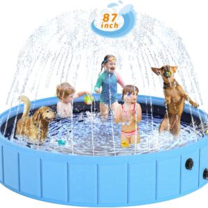 Foldable Dog Pool with Sprinkler, 106 in Extra Large Dog Swimming Pool, Outdoor Collapsible Pet Bathing Tub for Pets Dogs Cats and Kids (106" D x 12" H, Blue)