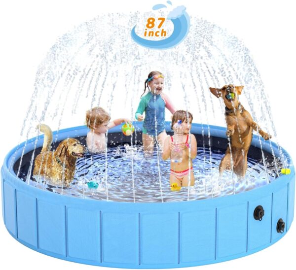 Foldable Dog Pool with Sprinkler, 106 in Extra Large Dog Swimming Pool, Outdoor Collapsible Pet Bathing Tub for Pets Dogs Cats and Kids (106" D x 12" H, Blue)