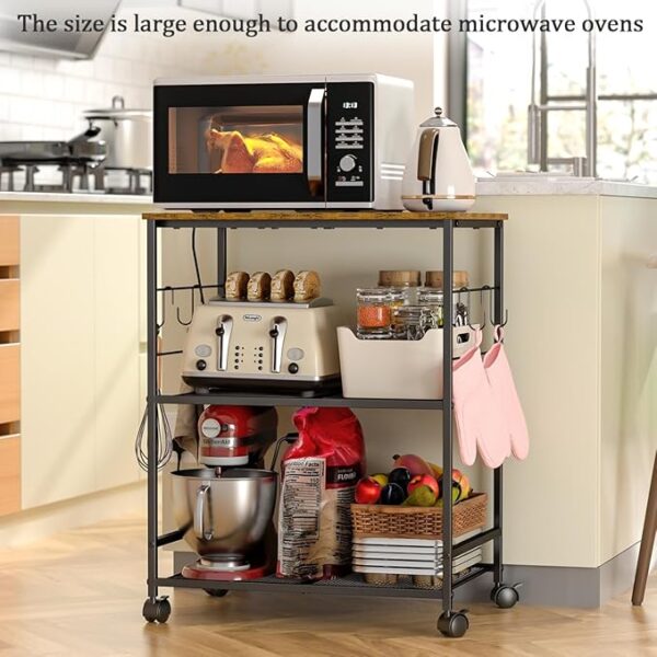 Rolling Kitchen Microwave Cart, 3 Tier Microwave Table Stand with Storage, Kitchen Utility Cart on Lockable Wheels, Small Coffee Cart Shelf Rack Organizer for Living Room Office, Balcony - Image 6