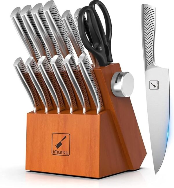 imarku Knife Set with Block for Kitchen, 14PCS High Carbon Stainless Steel Knife Sets, One-piece Dishwasher Safe Kitchen Knives Set, Knife Set with Built-in Sharpener, Anti-slip handle, Brown - Image 2