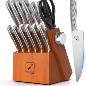 imarku Knife Set with Block for Kitchen, 14PCS High Carbon Stainless Steel Knife Sets, One-piece Dishwasher Safe Kitchen Knives Set, Knife Set with Built-in Sharpener, Anti-slip handle, Brown