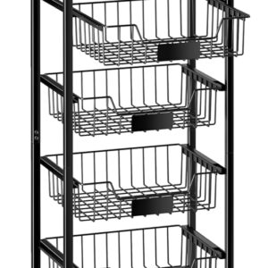 Fruit Basket, 5-Tier Utility Kitchen Organizer and Storage Cart with Pull-Out Baskets and Wood Top, Rolling Pantry Kitchen Cart on Wheels for Fruit Potato Onion Vegetable Snack Produce