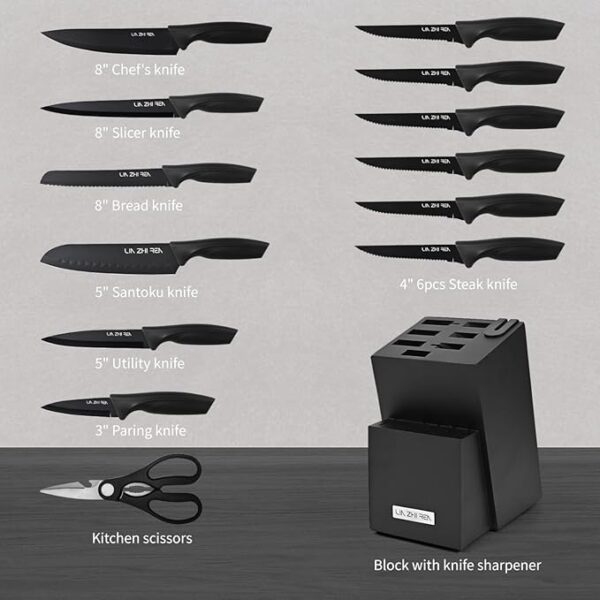 Knife Set, Kitchen Knife Sets with Block, Built-in Sharpener, Anti-slip Ergonomic Handle, 15PCS Knife Block Set for Chopping, Slicing, Dicing & Cutting,Dishwasher Safe, - Image 3
