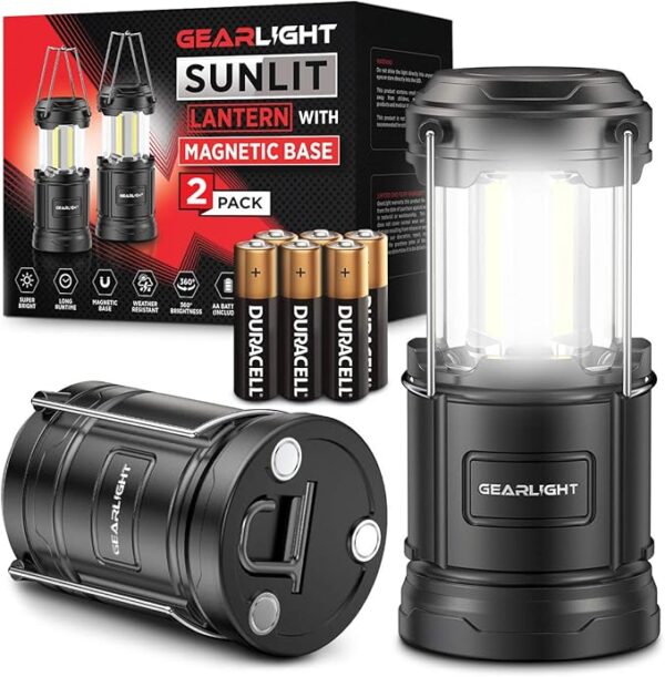 GearLight Camping Lantern - 2 Portable LED Battery Powered Lantern with Magnetic Base and Foldable Hook for Emergency Use or Campsites, Essential Hurricane Survival Kit with Batteries - Image 2