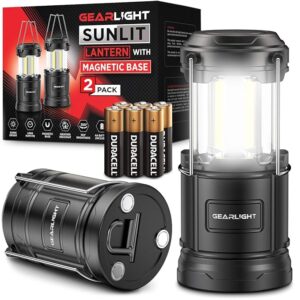 GearLight Camping Lantern - 2 Portable LED Battery Powered Lantern with Magnetic Base and Foldable Hook for Emergency Use or Campsites, Essential Hurricane Survival Kit with Batteries