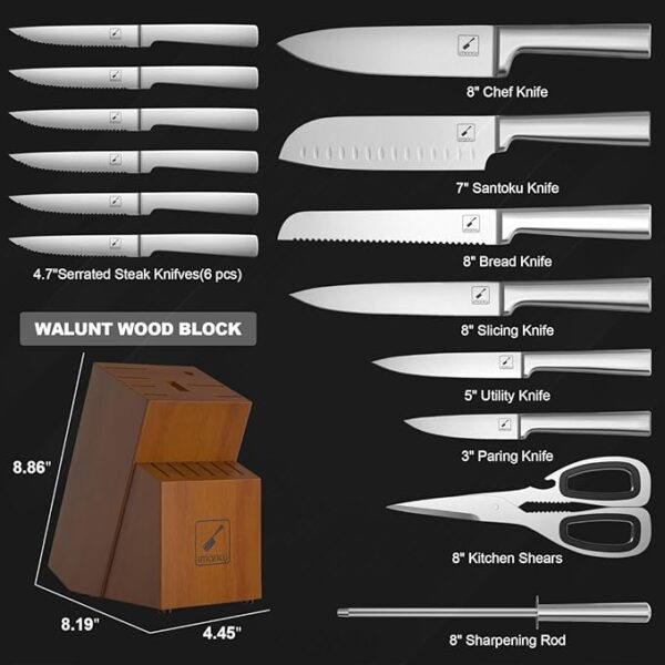 imarku Knife Set - Kitchen Knife Set 15 Pieces Japanese Stainless Steel Knife Block Set with Sharpener - Dishwasher Safe Kitchen Knives - Ultra Sharp Chef Knife Set for Kitchen, Silver - Image 3