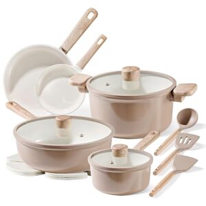 CAROTE 15Pcs Ceramic Pots and Pans Set Non Stick, Healthy Cookware Set, PFAS/PFOA Free, Kitchen Cooking Set with Frying Pans, Taupe