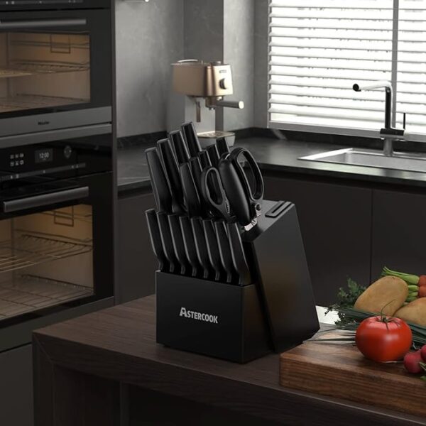 Knife Set, Astercook 21 Pieces Knife Sets for Kitchen with Block, Dishwasher Safe Kitchen Knife Set with Built-in Sharpener, German Stainless Steel Black Knife Block Set - Image 6