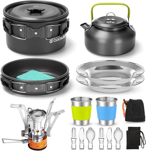 Odoland 16pcs Camping Cookware Set with Folding Camping Stove, Non-Stick Lightweight Pot Pan Kettle Set with Stainless Steel Cups Plates Forks Knives Spoons for Camping Backpacking Outdoor Picnic - Image 2