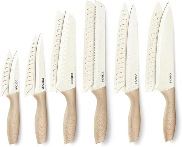 CAROTE 12PCS Knife set with Blade Guards,Granite Nonstick Ceramic Coating,Stainless Steel blade, Wooden Handle, Essential knife set,White - Image 2