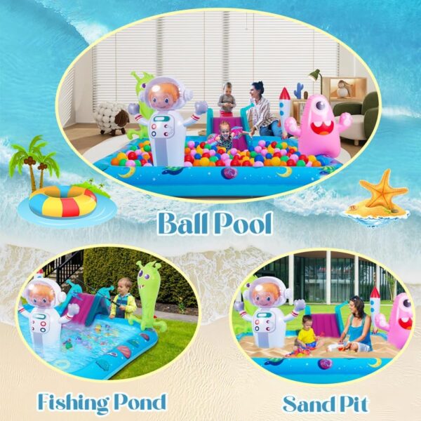 Inflatable Play Center Pool with Slide, Space Astronaut Square Kiddie Pool, 94.5" Square Outdoor Water Play Center with Sprinkler & Ring Toss for Summer Outdoor, Garden/Backyard Fun - Image 2