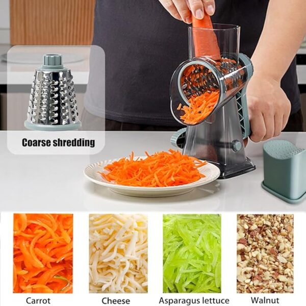 Rotary Cheese Grater Shredder with Handle Handheld Round Mandoline Vegetable Slicer Carrot Shredder Nut Grinder with 3 Replaceable Stainless Steel Drum Blades and Upgrade Strong Suction, Grey/Cyan - Image 3