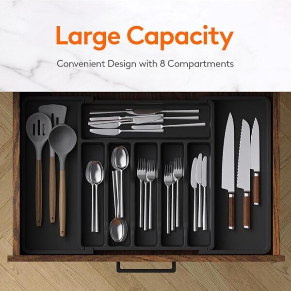 Lifewit Large Silverware Drawer Organizer, Expandable Utensil Tray for Kitchen, BPA Free Flatware and Cutlery Holder, Adjustable Plastic Storage for Spoons Forks Knives, Large, Black - Image 3