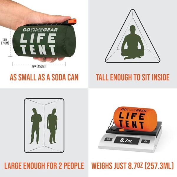 Go Time Gear Survival Life Tent â¢ 2 Person Mylar Emergency Shelter Tube Tent + Paracord â¢ All-Weather Protection for Camping, Hiking, & Survival Kits â¢ Includes Emergency Whistle - Image 3