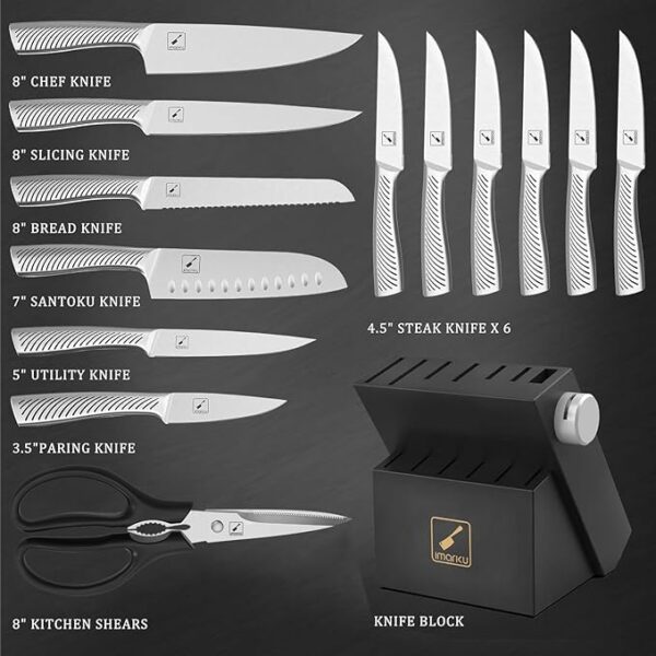 imarku Knife Set - Knife Sets for Kitchen with Block, 14PCS High Carbon Stainless Steel Kitchen Knife Set, Dishwasher Safe Knife Block Set with Ergonomic Handle - Image 4