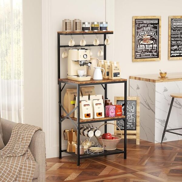Kitchen Bakers Rack with Storage Shelves, Small Coffee Bar Cart with 8 Hooks, 4 Tiers Microwave Stand Station with Adjustable Shelves, Freestanding Kitchen Appliance Organizer, Rustic Brown - Image 6
