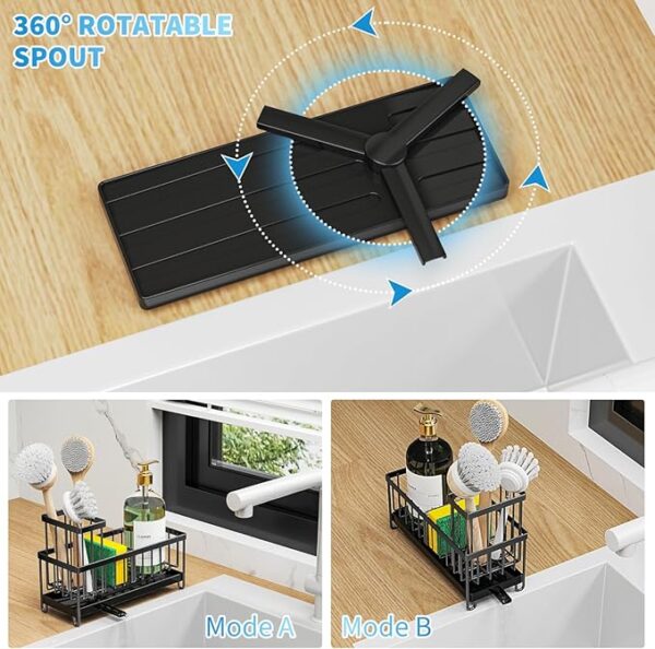 Cisily Black Sponge Holder for Kitchen Sink, Sink Caddy Organizer with High Brush Holder, Kitchen Countertop Organizers and Storage Essentials, Rustproof 304 Stainless Steel, Soap Dispenser Organize - Image 3