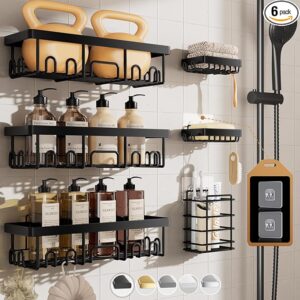 Veken Stainless Steel Shower Caddy 6-Pack, No Drilling & Rustproof, Waterproof Adhesive Shelves Rack with Soap Holder, Large Capacity Bathroom Organizers and Storage, Wall-Mounted Kitchen & Home Decor