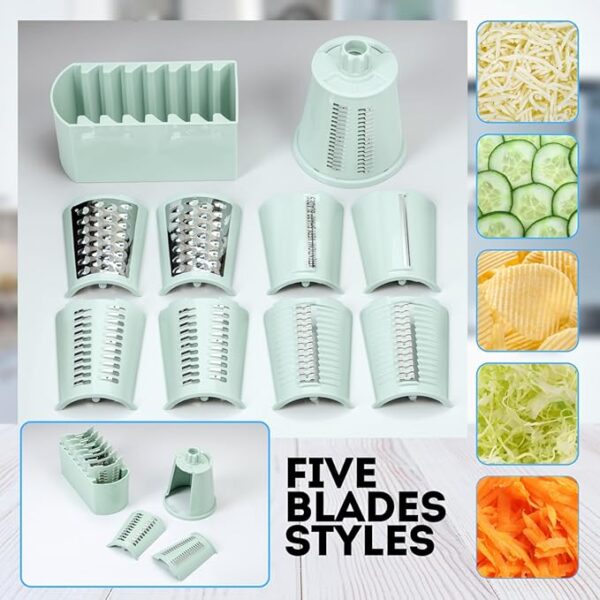 5 in1 Rotary Cheese Grater with Handle, Rotary Grater, Vegetable Slicer, Shredder, Carrot Grater, Nut Grinder, and Chocolate Shaver (Light Green) - Image 6