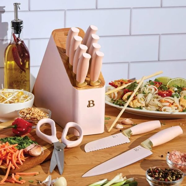 Beautiful 12pc Stainless Steel Knife Set with Soft-Grip Handles, Nonstick Resin Coated Blades, Steak Knives, Santoku, Chef Knife, Knife Block & More, Ergonomic Design, BPA-Free (Rose) - Image 6
