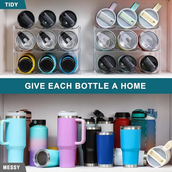 LARGER Compartment - Stackable Water Bottle Organizer Holder - for Stanley & Others' Large Tumbler - Clear Wine Rack, Cup Bottle Holder for Cabinet Home Countertop Fridge Pantry Shelf, 3 Tier Hold 9 - Image 4