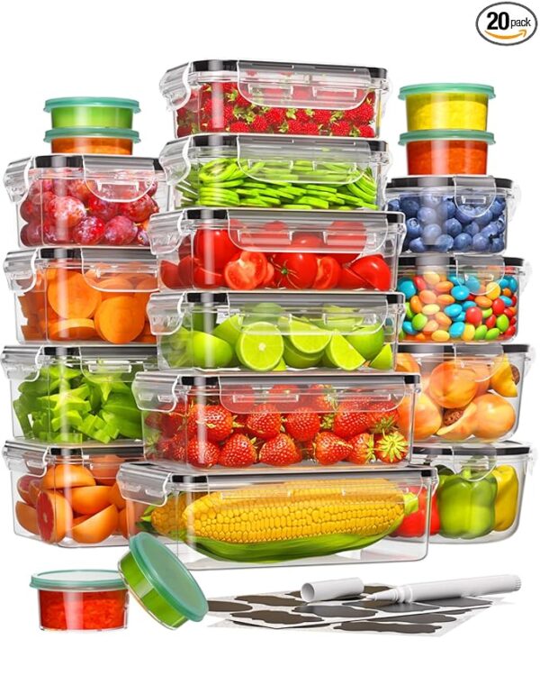 40 Piece Food Storage Containers with Lids(20 Containers & 20 Lids), BPA-Free Plastic Food Containers for Kitchen Storage and Organization, Leak Proof Meal Prep Container, Includes Labels & Pen