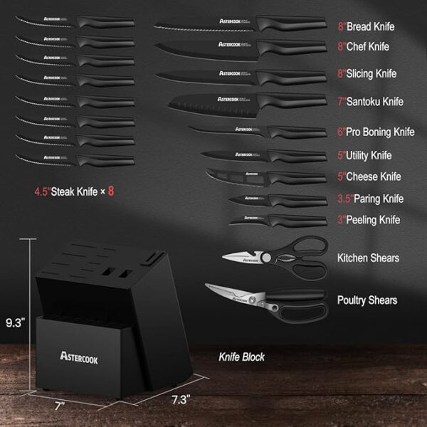 Knife Set, Astercook 21 Pieces Knife Sets for Kitchen with Block, Dishwasher Safe Kitchen Knife Set with Built-in Sharpener, German Stainless Steel Black Knife Block Set - Image 3