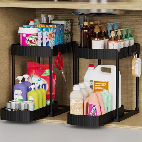 2 Pack Multi-Purpose Pull-Out Storage Organizers, Under Sink Organizers and Storage for Bathroom & Kitchen, Under Cabinet Organizers and storage, 12.8 Inch, Black - Image 2