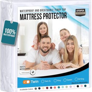 Utopia Bedding Waterproof Mattress Protector Twin Size, Premium Terry Mattress Cover 200 GSM, Breathable, Fitted Style with Stretchable Pockets (White)