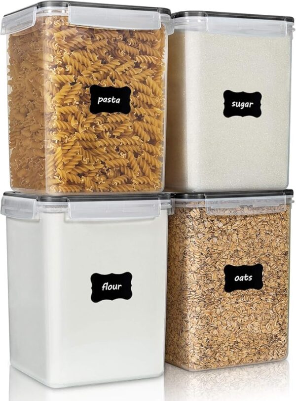 Vtopmart 4 PCS Large Food Storage Containers 5.2L / 175oz, 4 Pieces BPA Free Plastic Airtight Canisters for Flour, Sugar, Baking Supplies, Rice with Lids, 4 Measuring Cups and 24 Labels, Black - Image 2