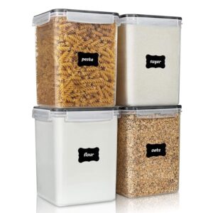 Vtopmart 4 PCS Large Food Storage Containers 5.2L / 175oz, 4 Pieces BPA Free Plastic Airtight Canisters for Flour, Sugar, Baking Supplies, Rice with Lids, 4 Measuring Cups and 24 Labels, Black