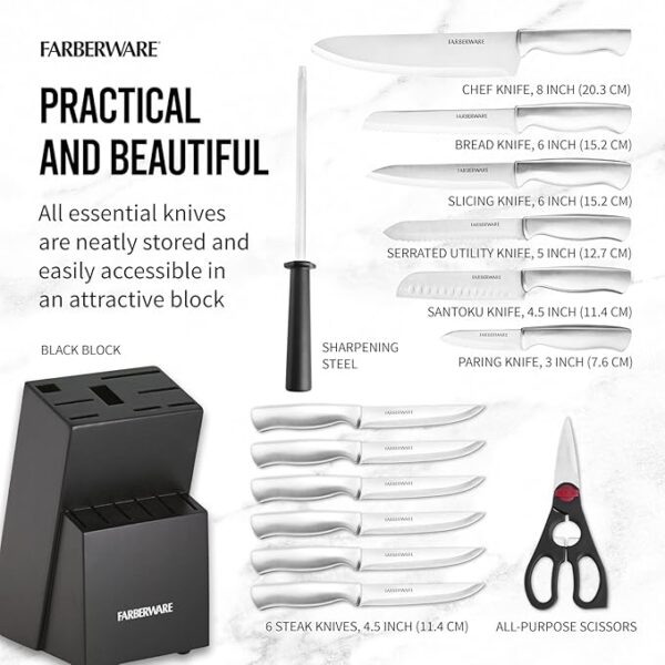 Farberware 15-Piece High-Carbon Stamped Stainless Steel Kitchen Knife Set with Wood Block, Steak Knives, Razor-Sharp, Black, Ultra-Sharp Blades, Ergonomic Comfort Grip - Image 5