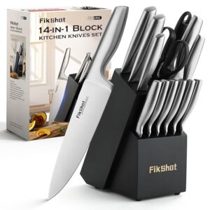 Kitchen Knife Set, FIKSHOT Premium Stainless Steel Knife Block Set, Razor-Sharp Santoku Knife and Fruit Knives, Gift for Homecooks, Dishwasher Safe and Rust-Proof, Designed for Women
