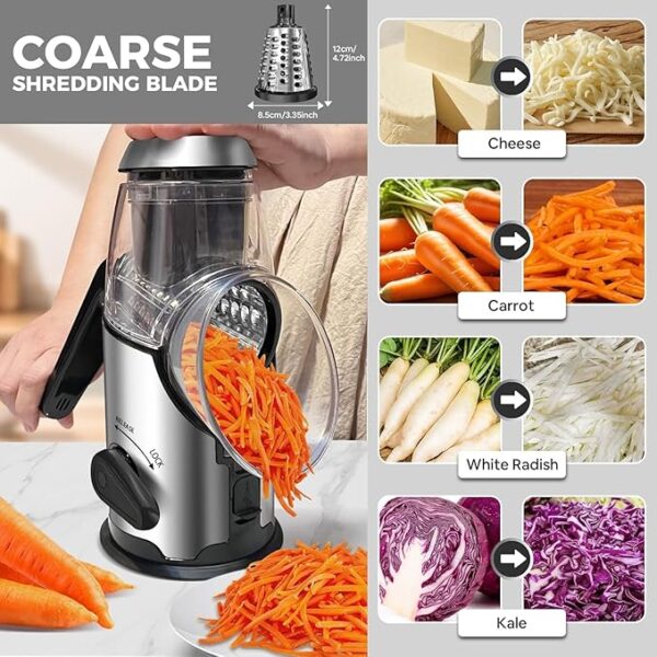 Airpro Rotary Cheese Grater with Handle - Vegetable Shredder with 3 Stainless Steel Blades & Strong Suction Base,Round Mandoline Slicer & Food Chopper for Kitchen - Image 3