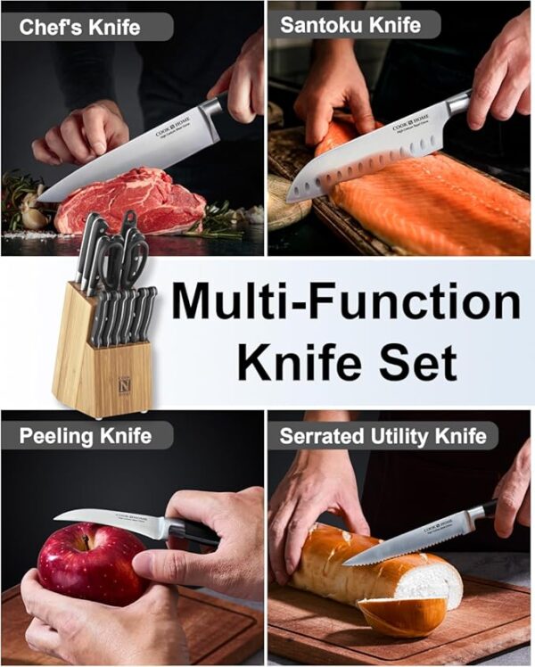 Cook N Home Kitchen Knife Set with Bamboo Storage Block 15-Piece, High Carbon Stainless Steel Blade, Black - Image 4