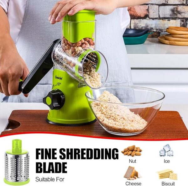 Geedel Rotary Cheese Grater, Kitchen Mandoline Vegetable Slicer with 3 Interchangeable Blades, Easy to Clean Rotary Grater Slicer for Fruit, Vegetables, Nuts - Image 6