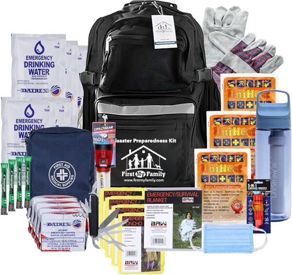 First My Family 4-Person Emergency Survival Kit with LifeStraw Water Filter - Disaster Preparedness Backpack with Hurricane and Earthquake Supplies, 72 Hour Survival Gear - Image 2