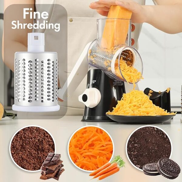 Cheese Grater Hand Crank, Rotary Vegetable Shredder with Handle and Strong Suction base, 3 in 1 Kitchen Speed Spin Veggie Slicer Nut Grinder for Pizza Top, Hash brown, Salad and More (Black) - Image 4